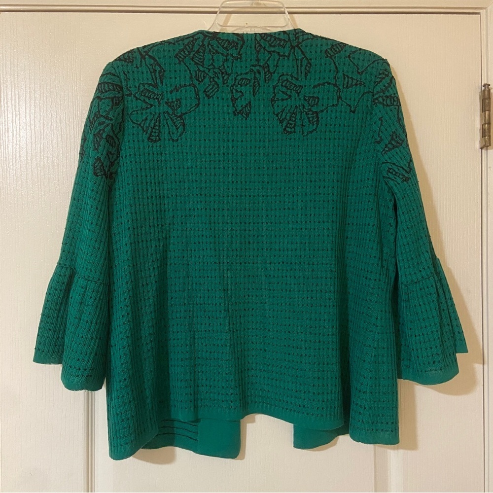 Ming Wang Green Knit Jacket with Black Floral Design - Picture 2 of 13